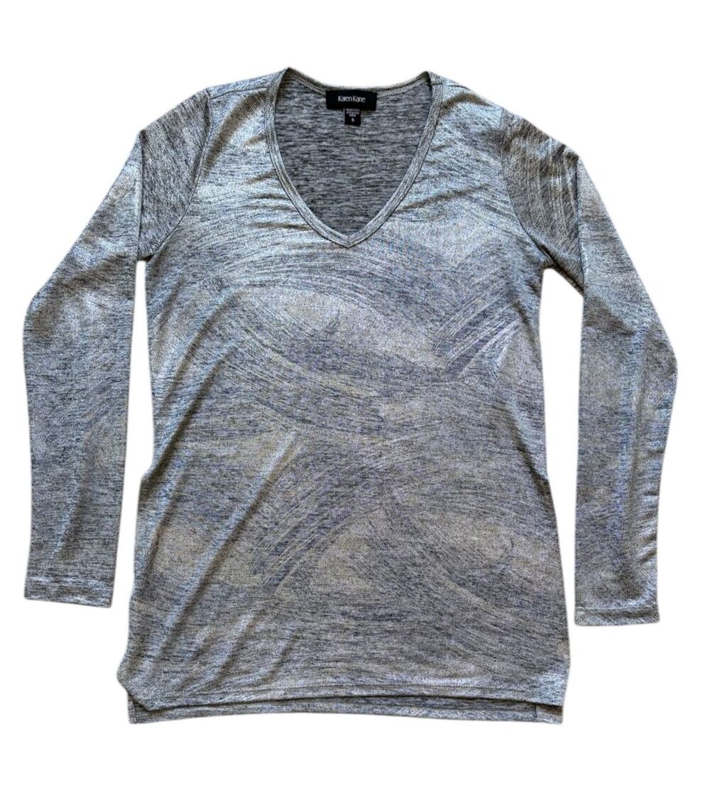 Karen Kane Shirt Women Small Grey Metallic Long Sleeve Made in U.S.A. Sz S